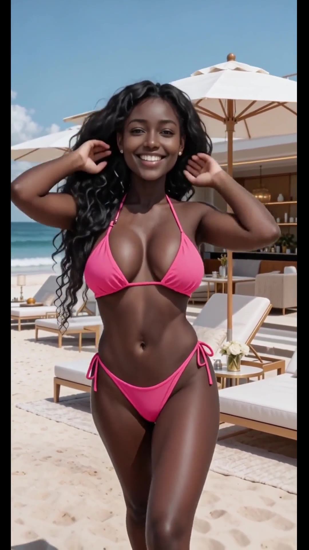 Beach front full body in pink bikini