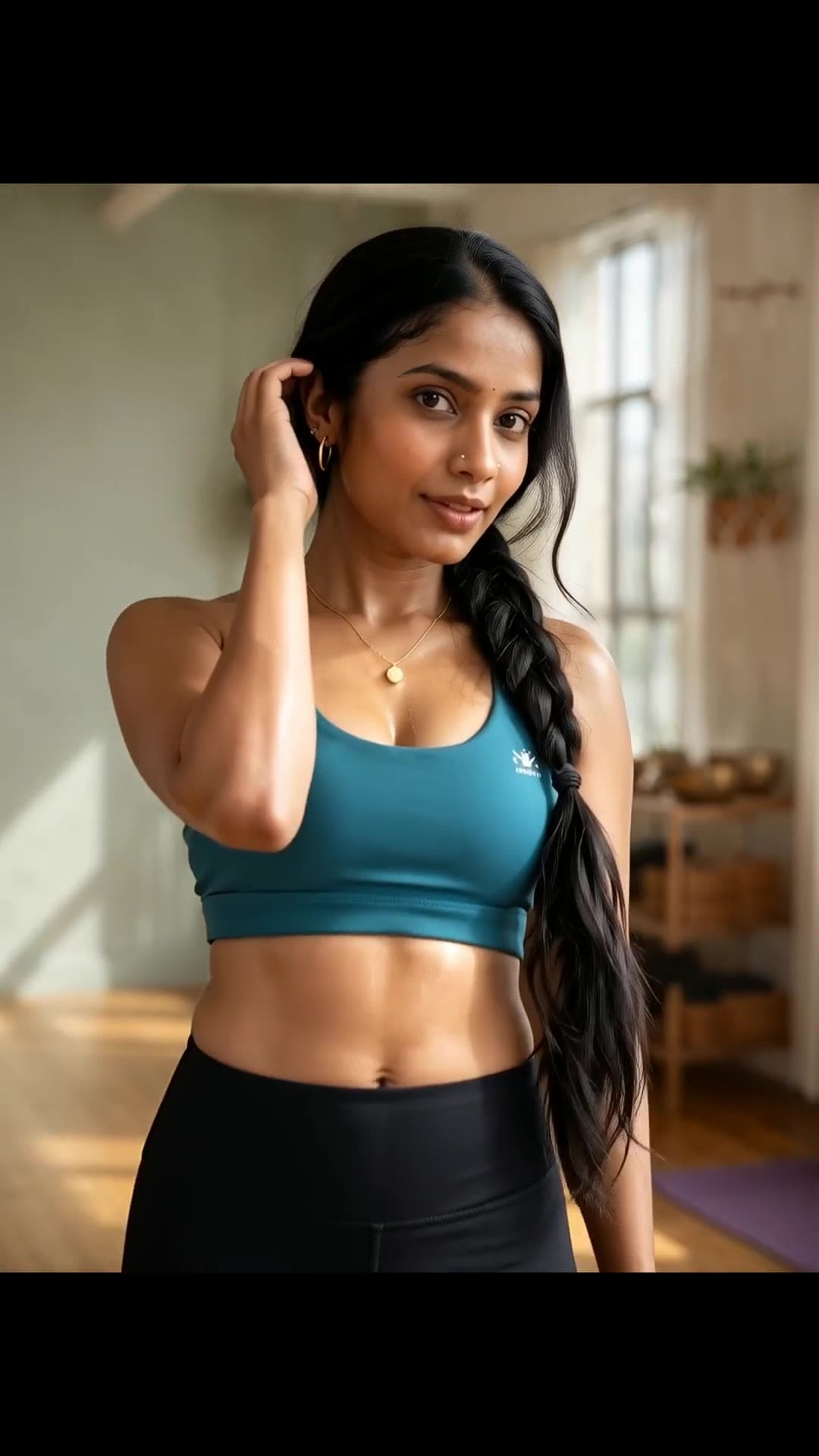 Yoga pose in teal sports bra studio mirror shot