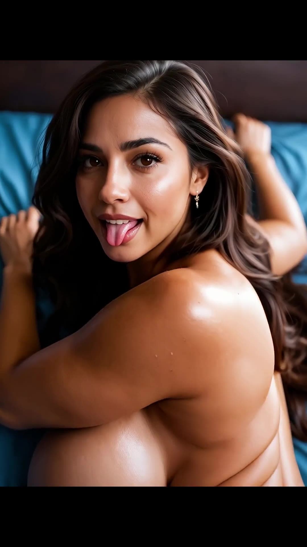 Latina topless on blue sheets tongue out
