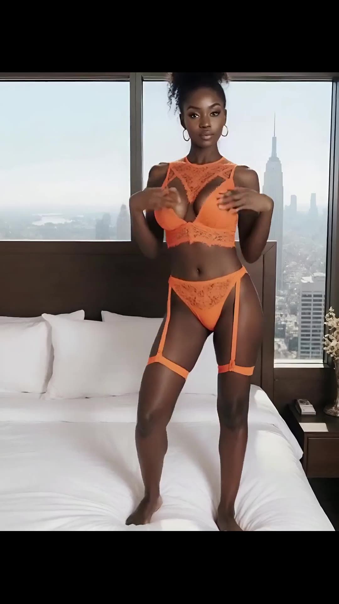 Brown eyed brunette in orange lace lingerie on bed