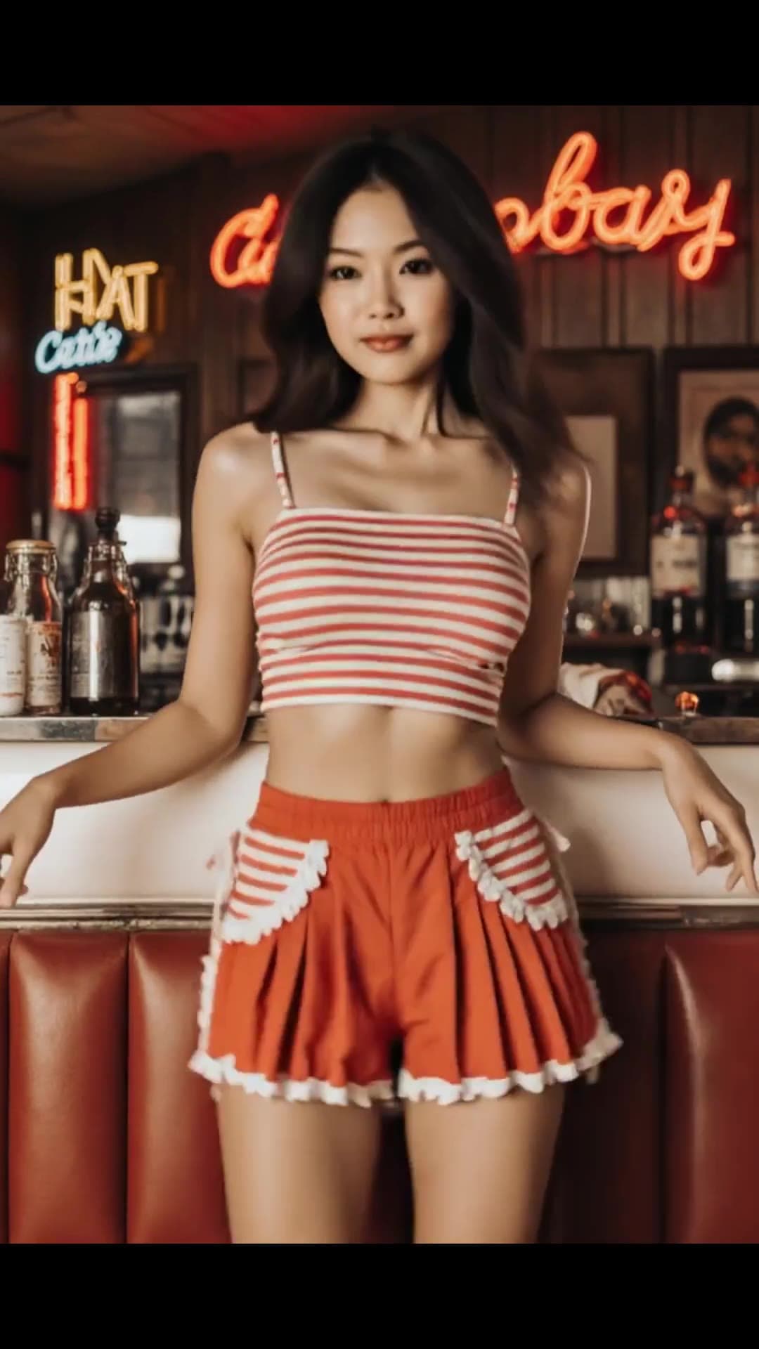 Asian in red crop top leans on bar counter