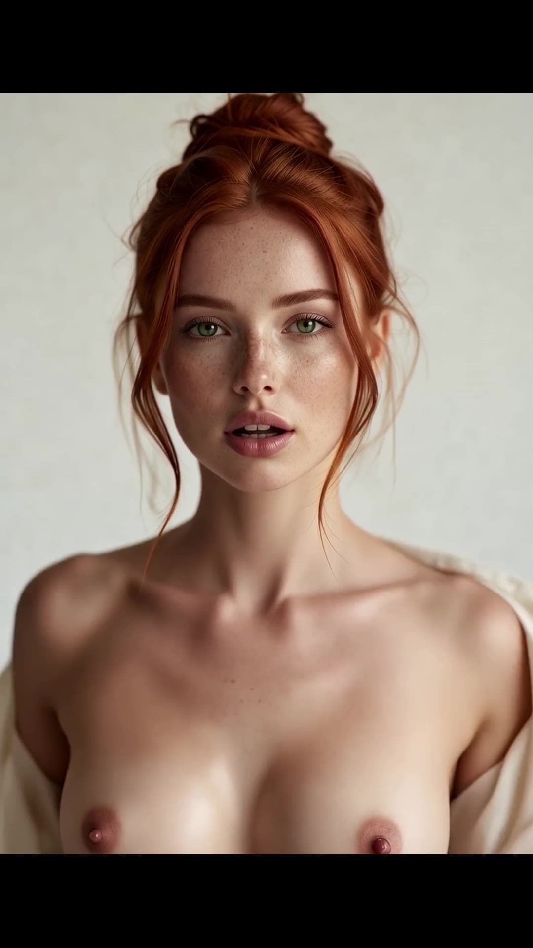 Close-up topless redhead with loose updo studio shot