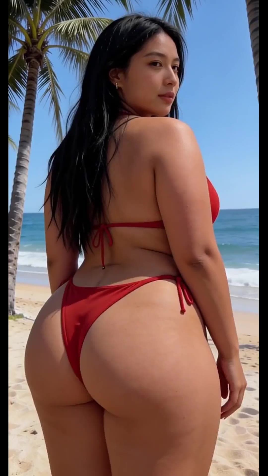Curvy latina thick ass in red bikini on sunny beach