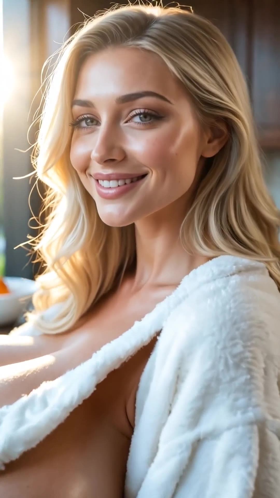 Open robe selfie with big natural tits in bright light