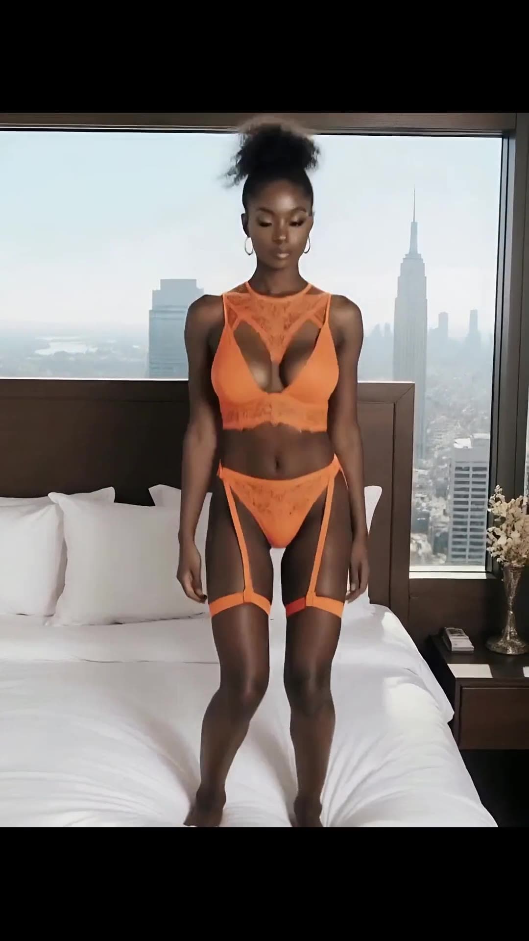 Tall woman in orange lace lingerie high-rise bedroom