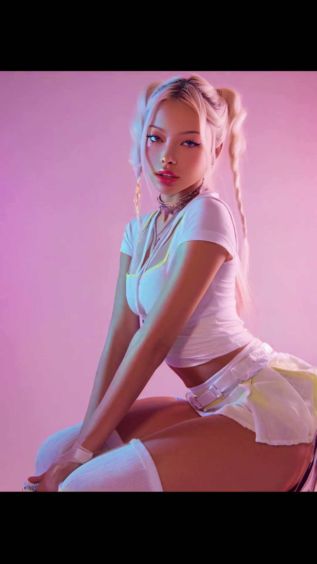 Platinum blonde pigtails in pink neon crop top
