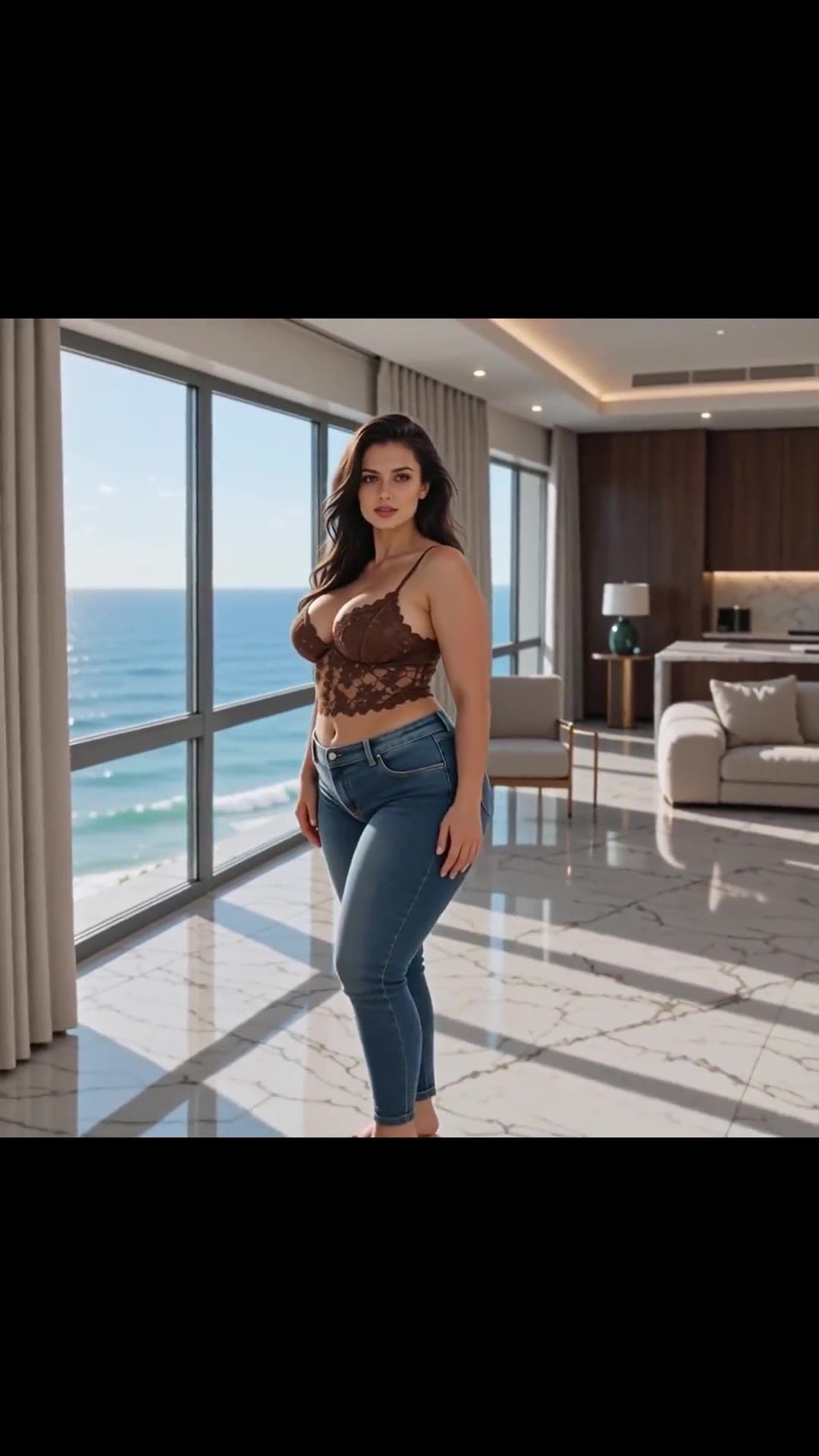 Long dark waves and brown eyes in luxury penthouse