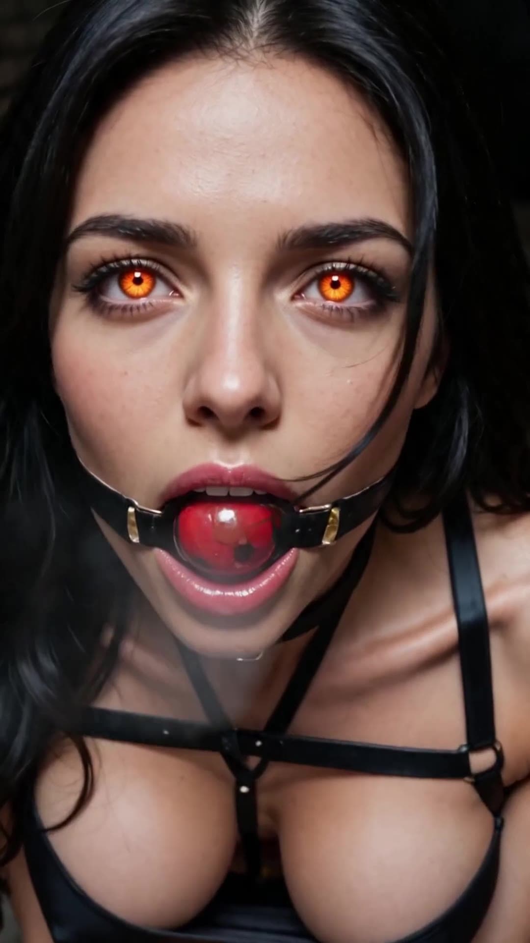 Raven dreadlocks and striking orange eyes in leather harness gag