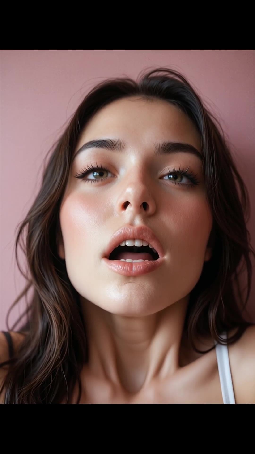 Studio close-up ahegao in pink lighting