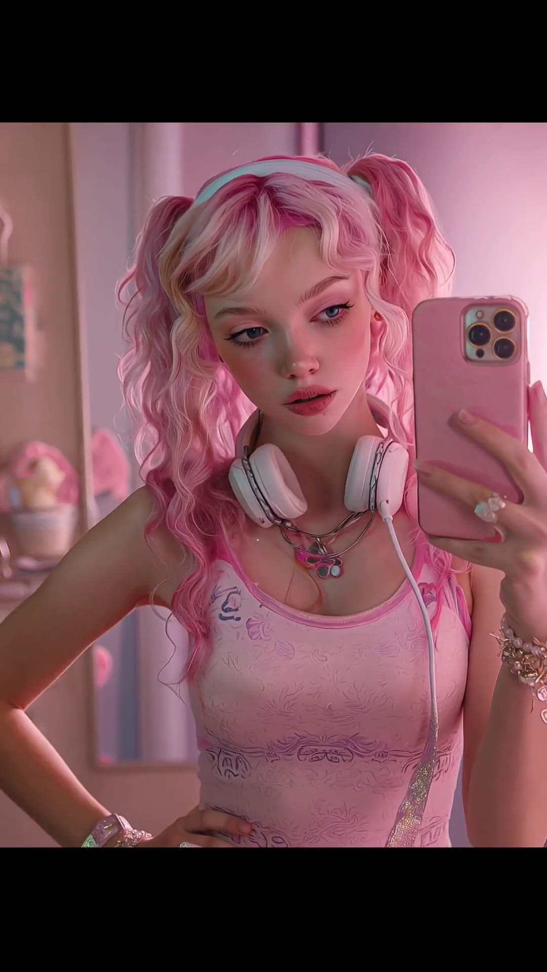 College age asian pink pigtails selfie in bedroom
