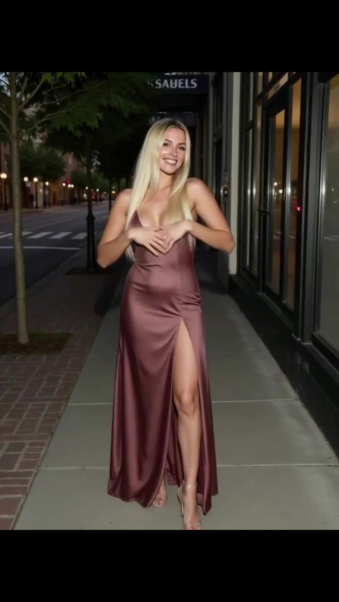 Platinum blonde in satin dress on city sidewalk