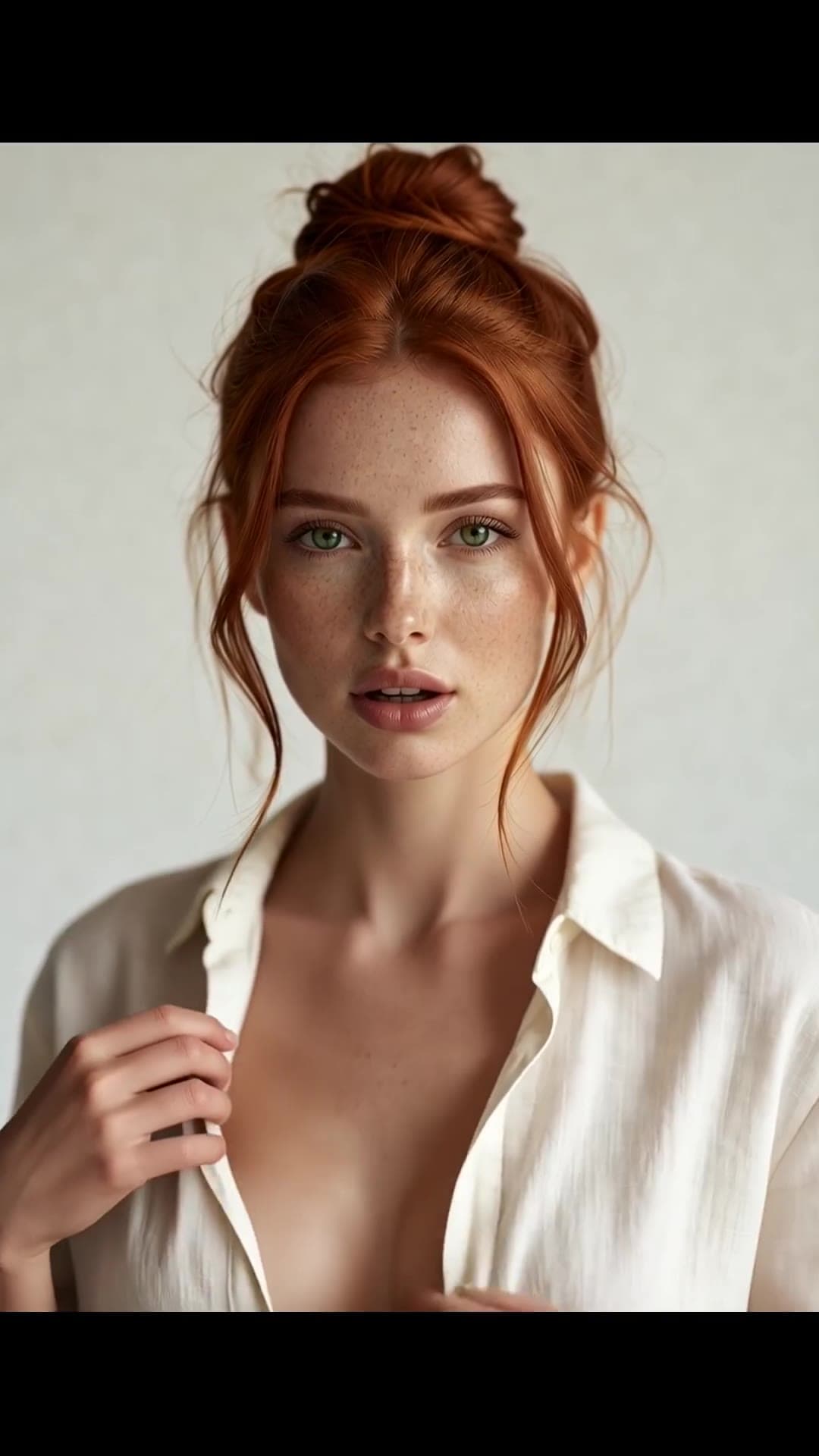 Close-up cleavage portrait, unbuttoned shirt