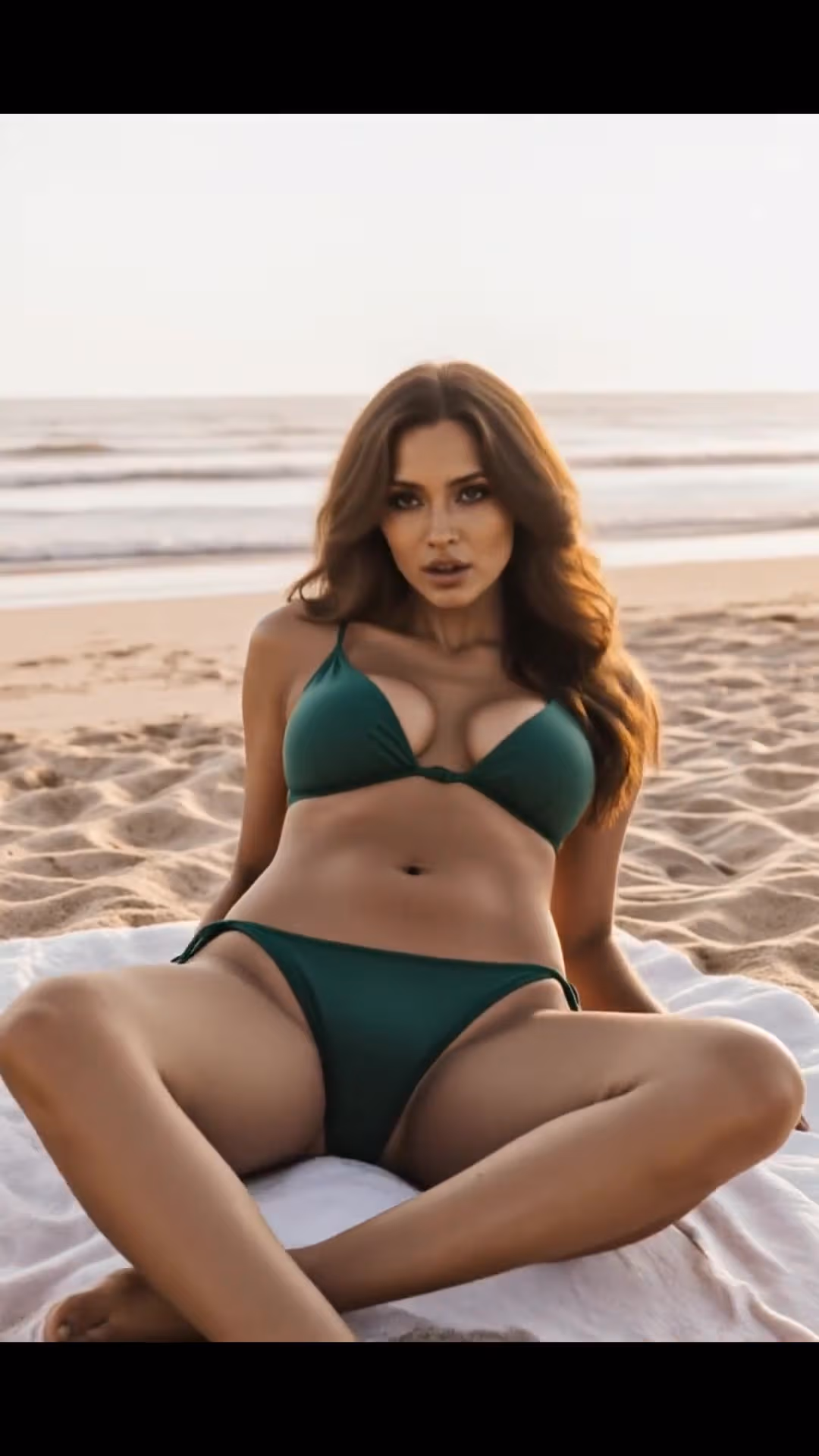 Latina in green bikini spreads on beach towel