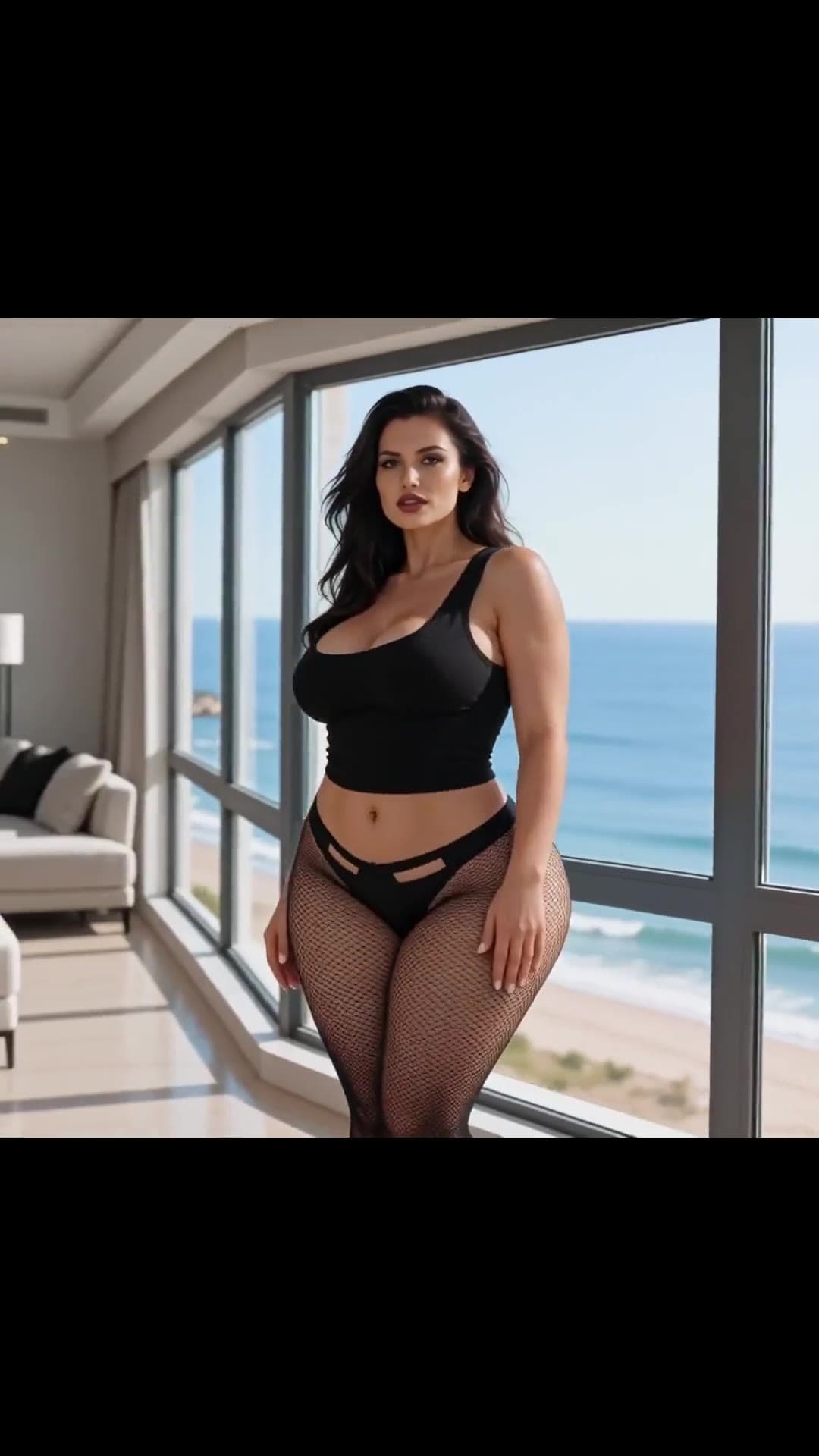 Low angle curvy latina in fishnets by ocean windows
