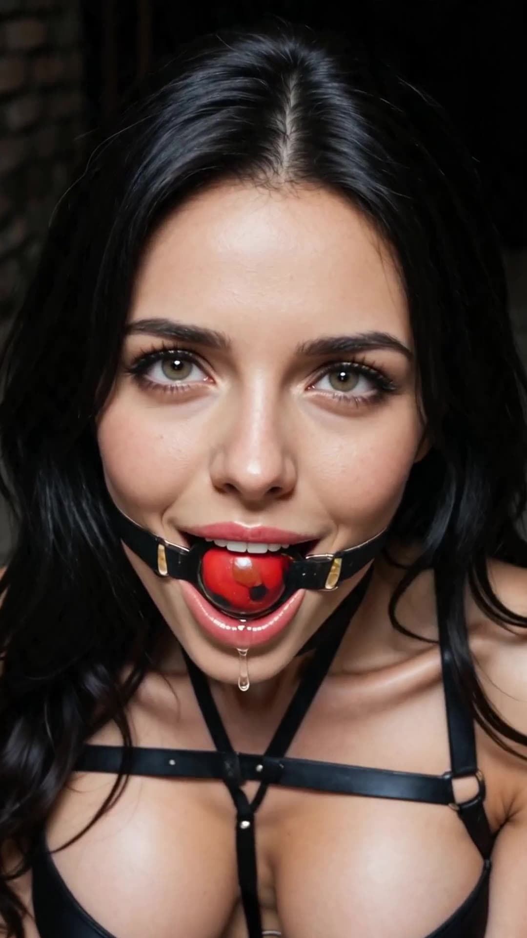 Young adult Latina ball gagged in leather harness