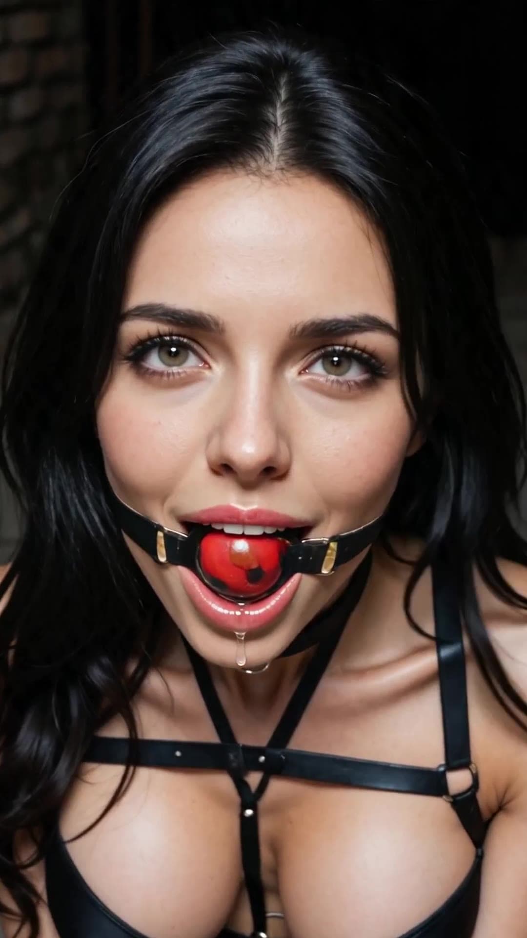 Platinum blonde ball gagged in leather harness close up