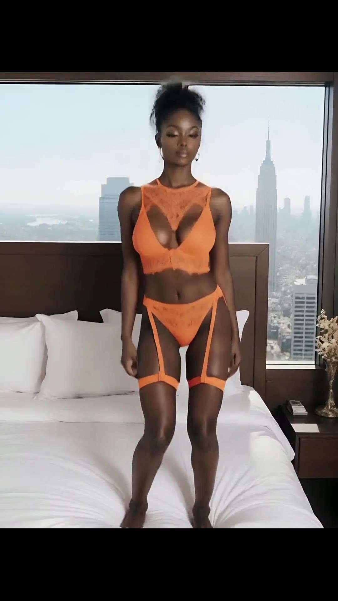 Tall ebony in orange lace facing camera