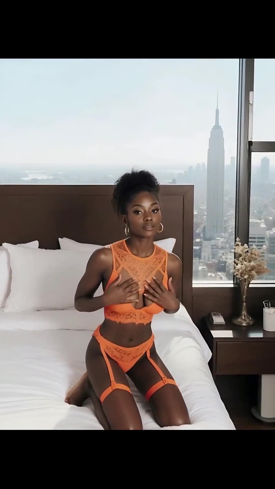 Kneeling on bed, hands on big natural tits