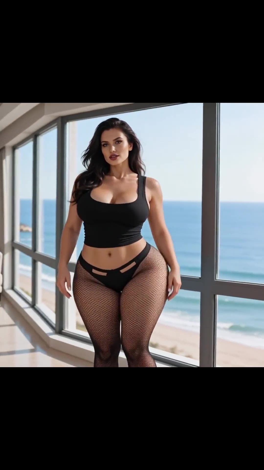Brunette in fishnets poses by ocean window