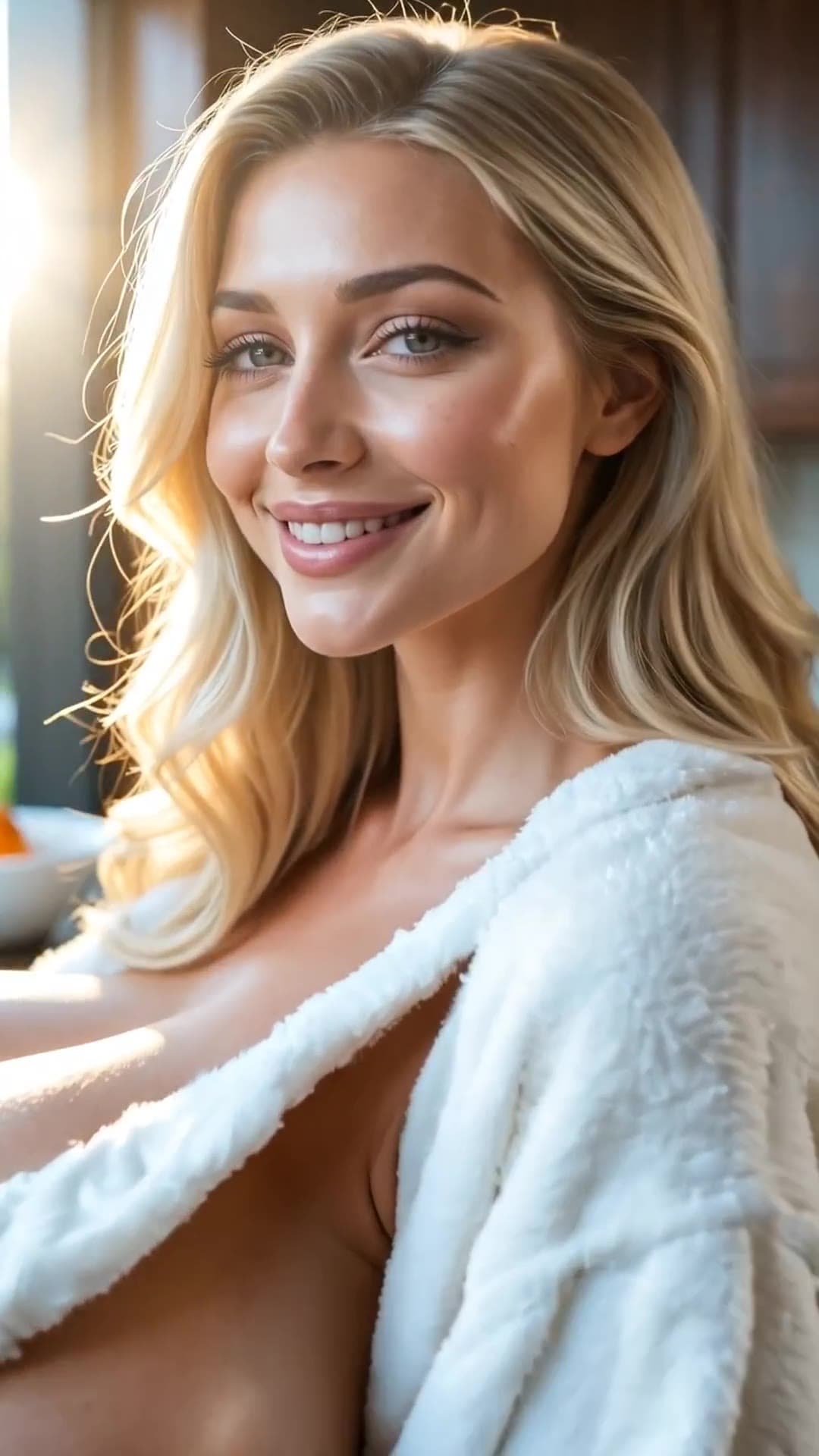 Blonde dancer robe open, big natural tits selfie