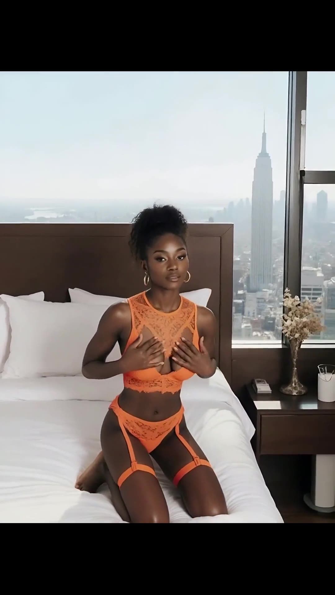 Low angle orange lace on bed with city view