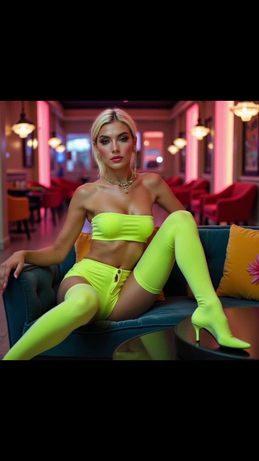 Platinum blonde blue eyes neon outfit on velvet couch