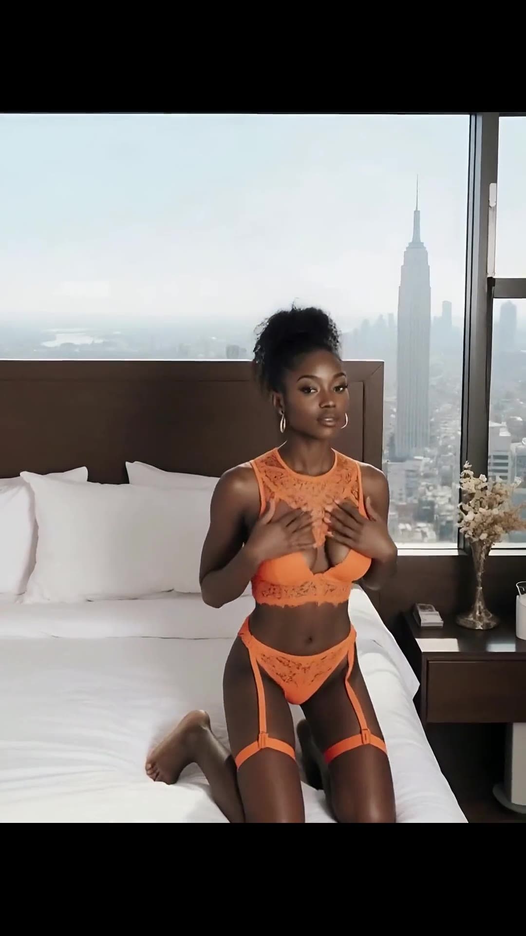 Ebony babe squeezes big natural tits on bed