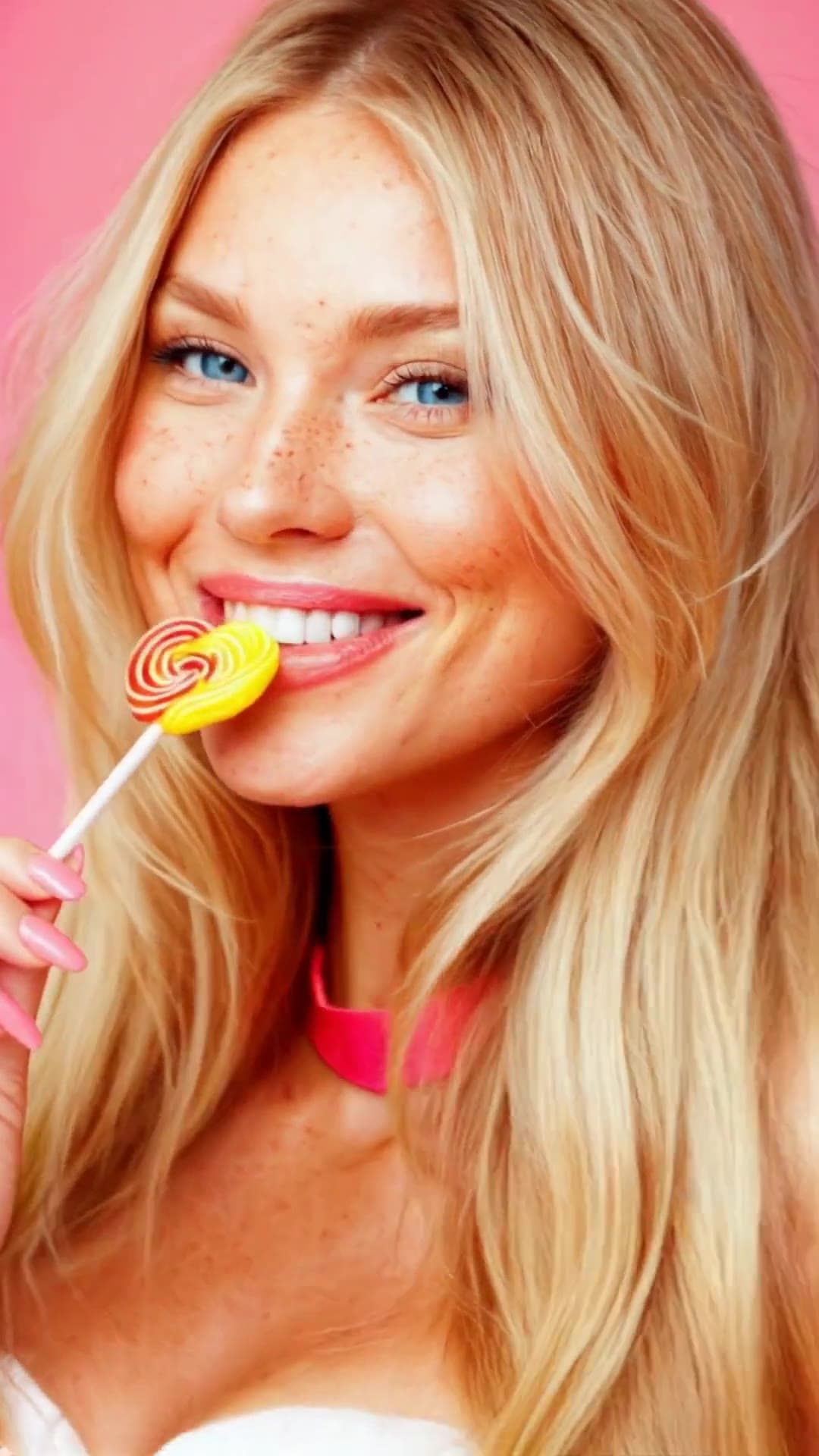 College age athletic babe sucking lollipop close-up