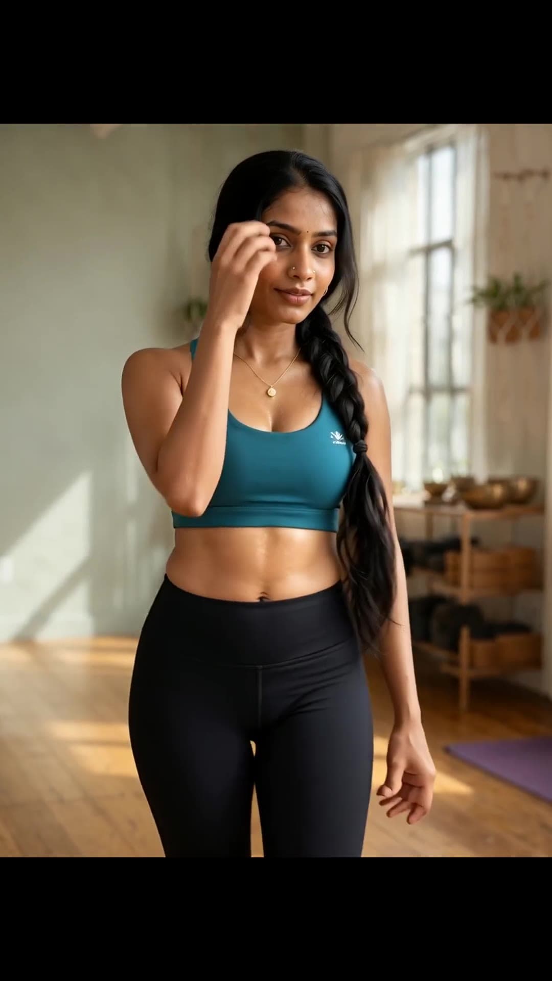 Teal sports bra dancer in yoga studio, long braid