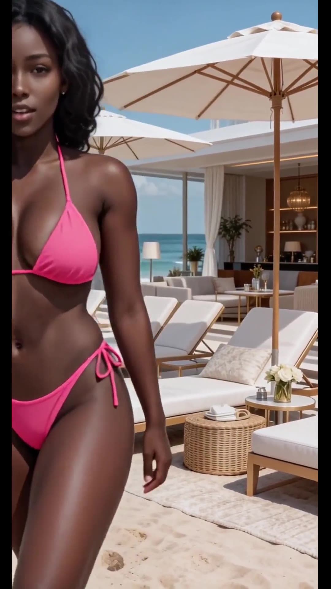 Beachside pink bikini athletic body in Miami sun