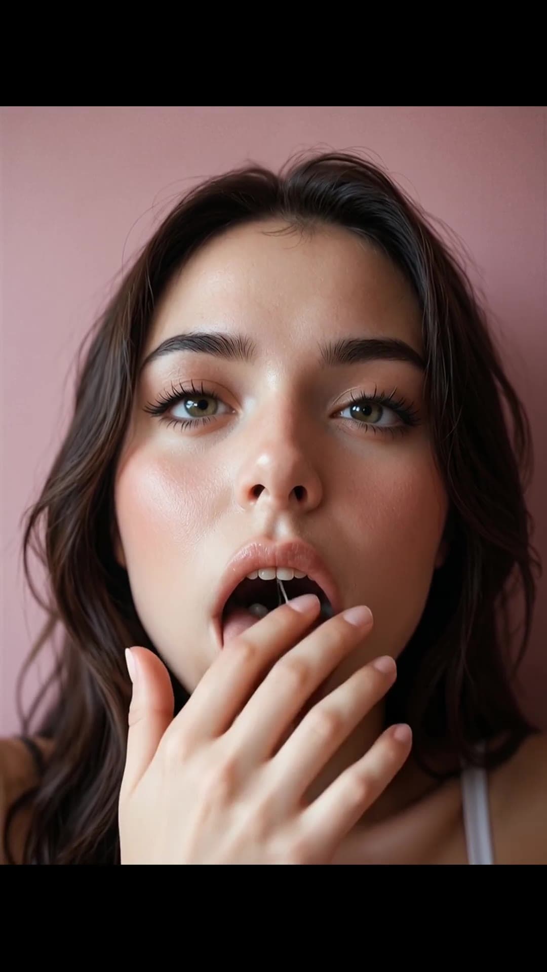 Long wavy brown hair green eyes saliva string close-up