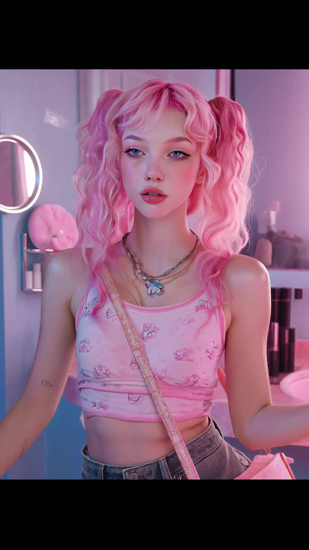 Young adult Asian in pink crop top bathroom