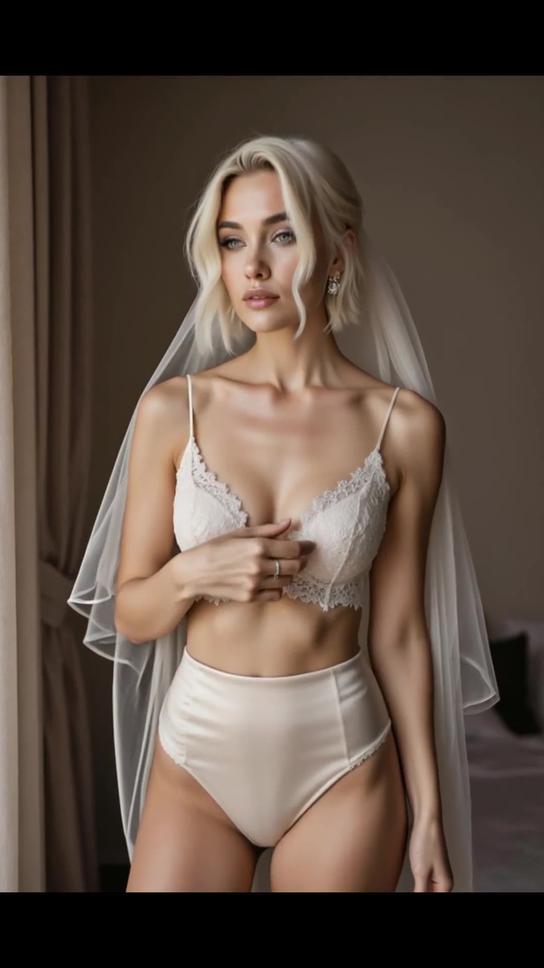 Sheer veil bedroom tease, bra pulled low