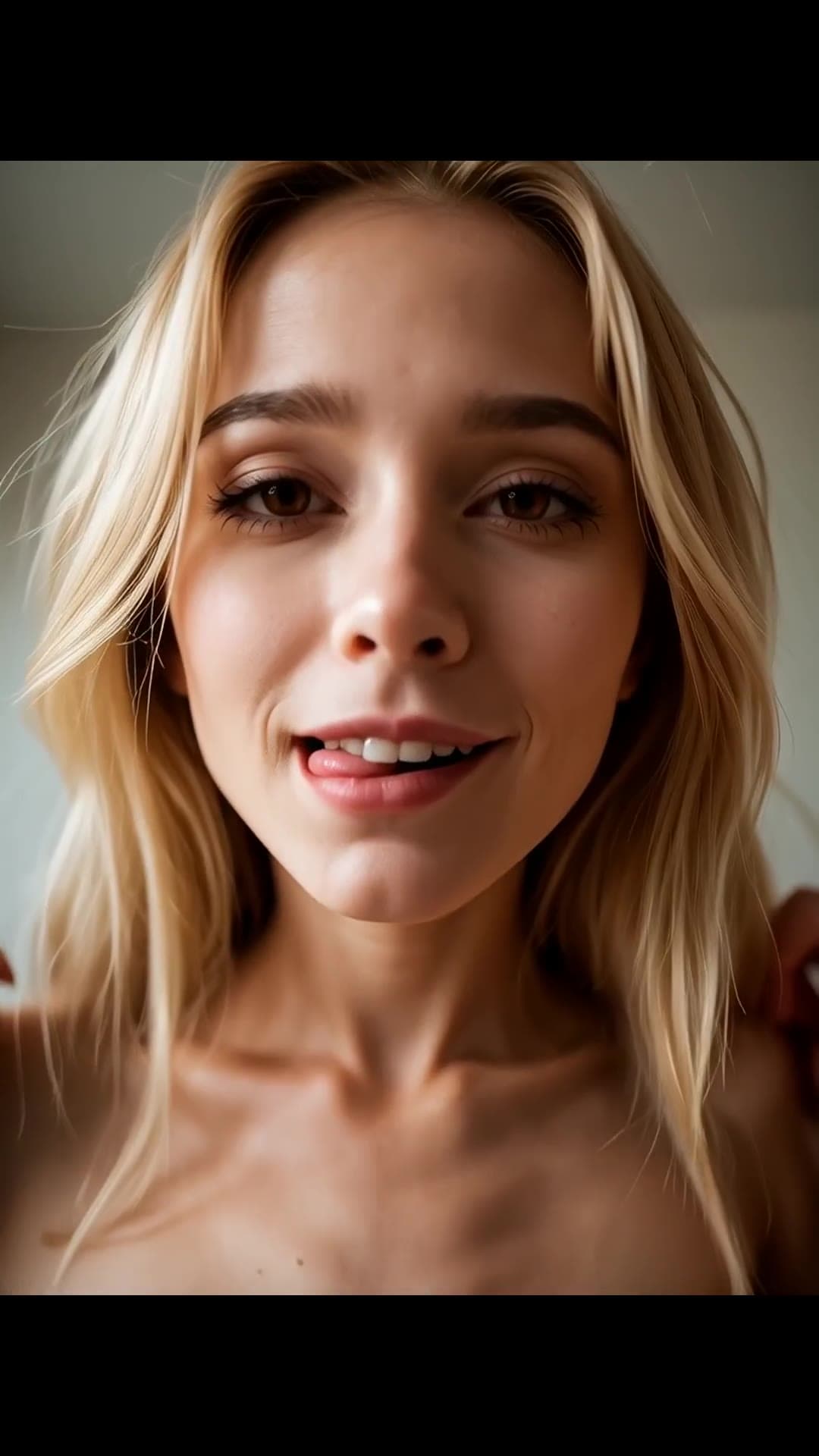 Close-up selfie topless with tongue out