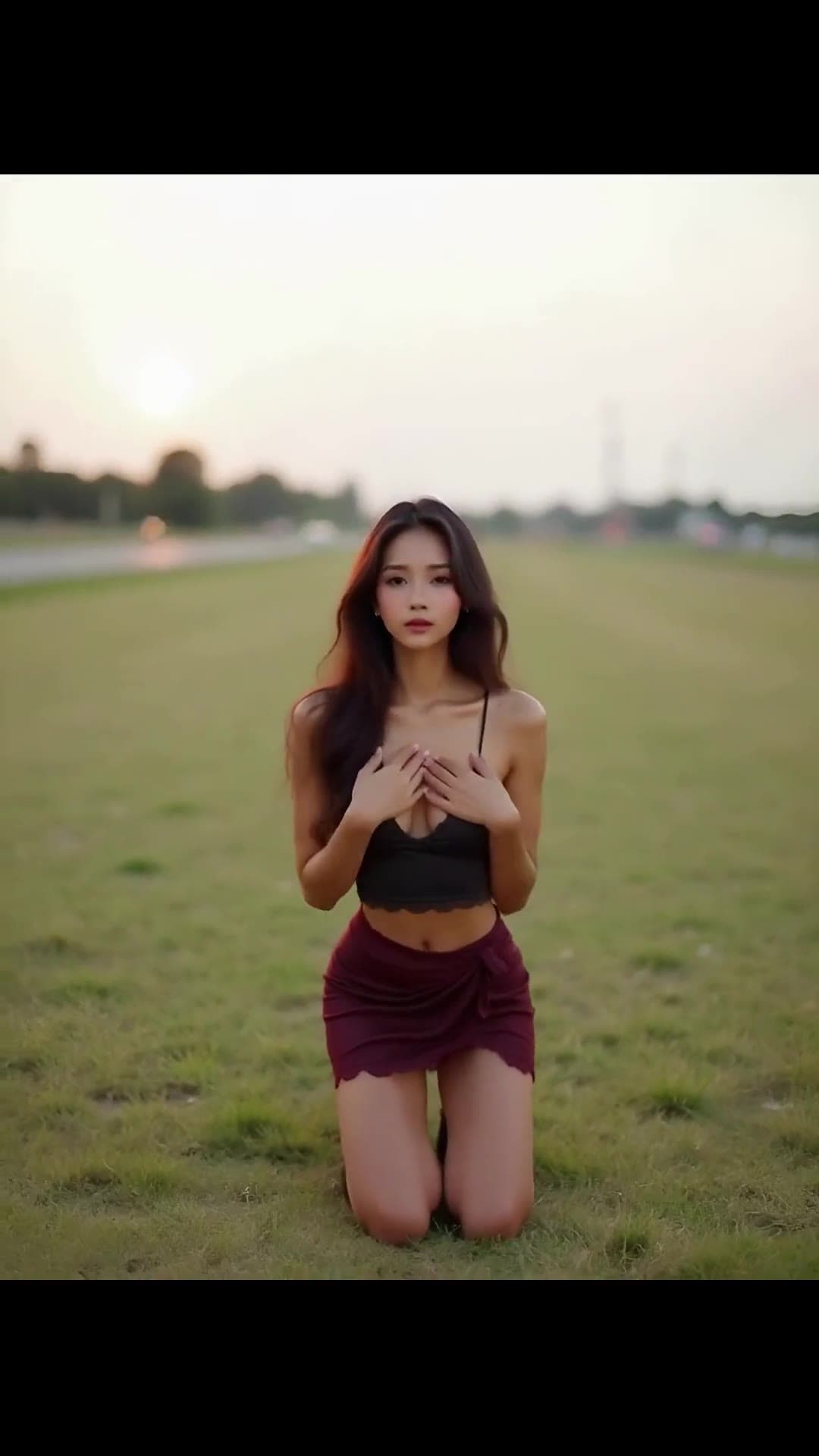 Asian brunette in lace crop top on grass at sunset