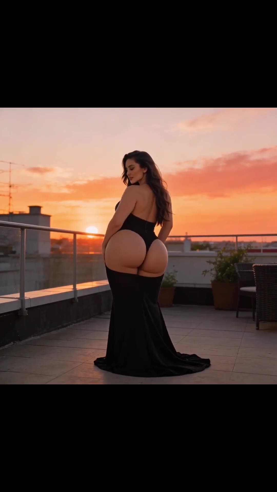 Young adult curvy brunette in black dress on rooftop