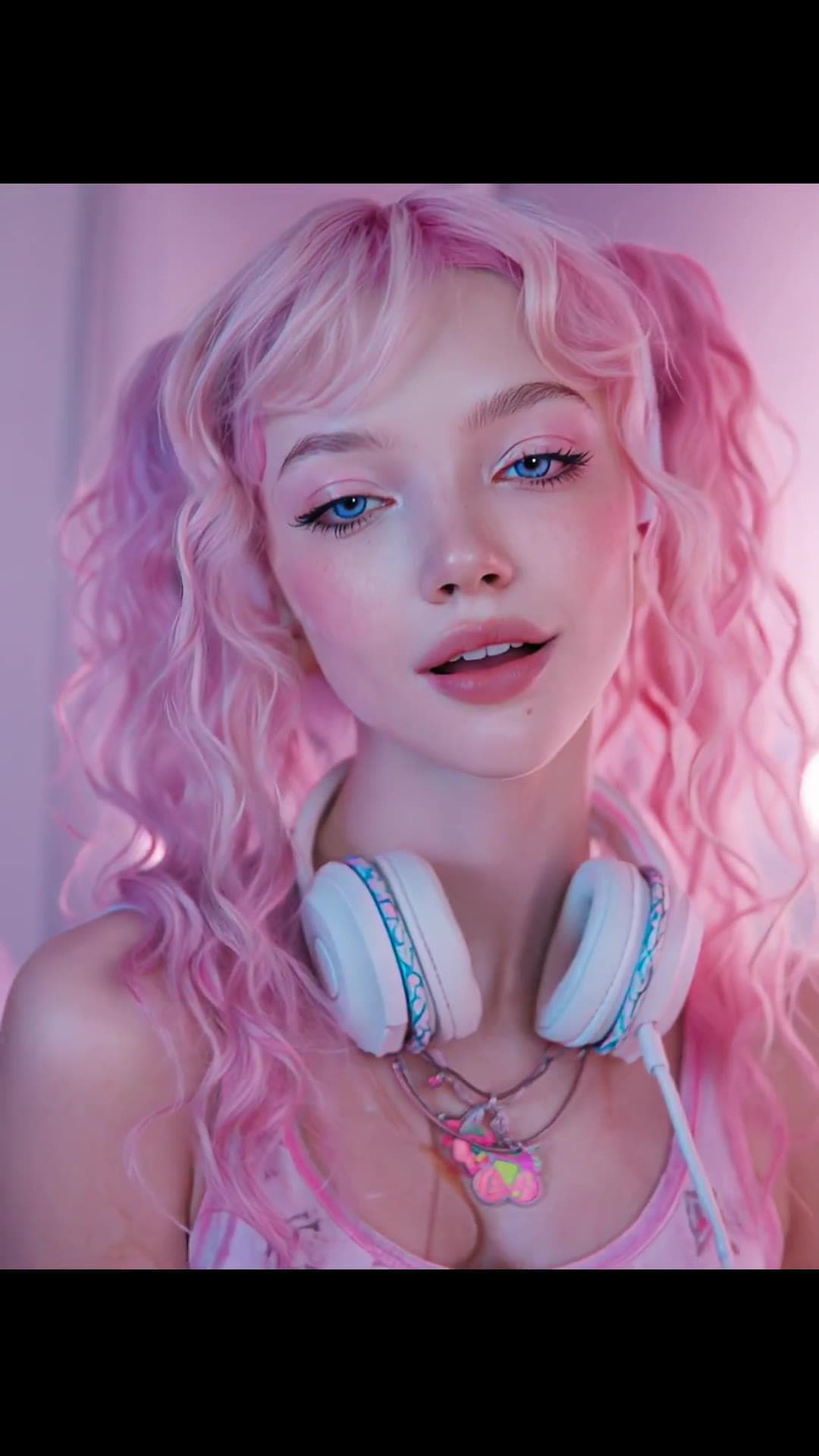 Pink pigtails close-up selfie with glossy lips