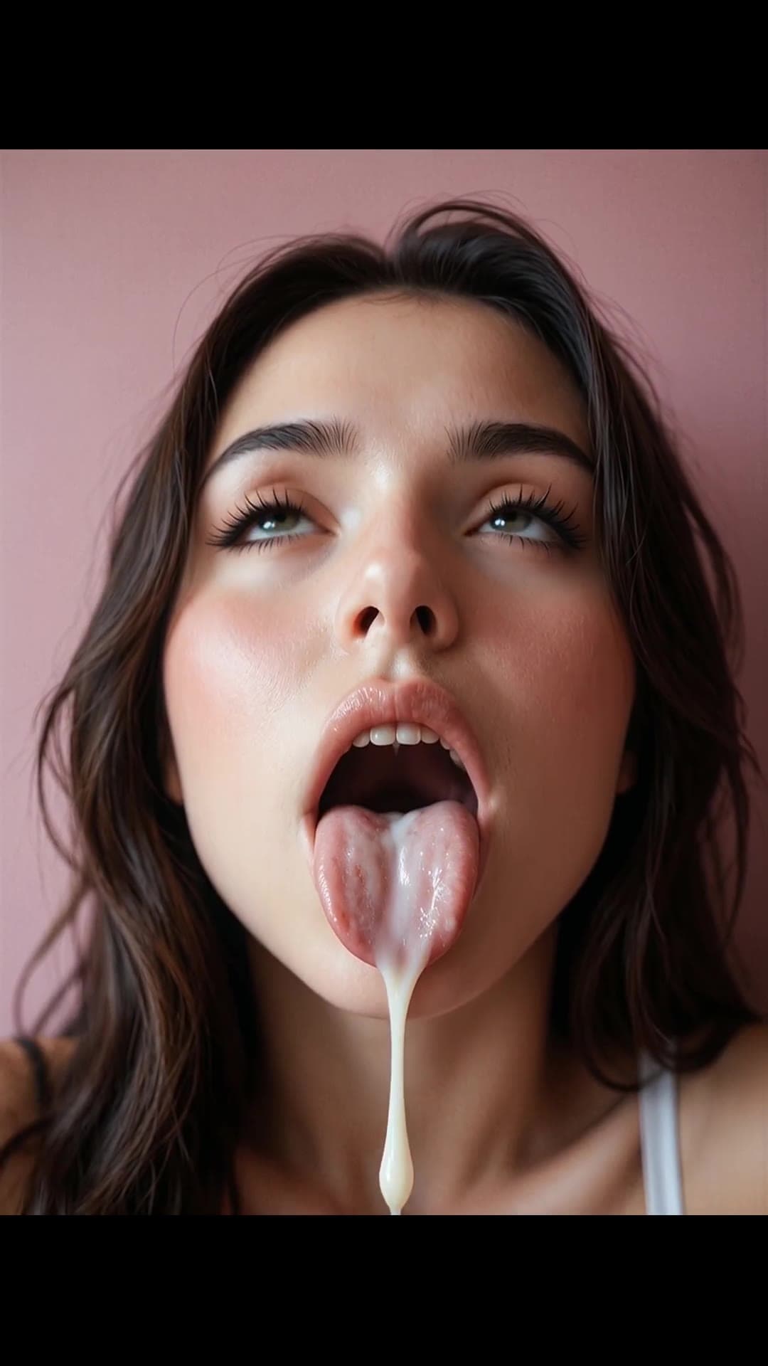 Brunette Latina cum on tongue close-up against pink wall
