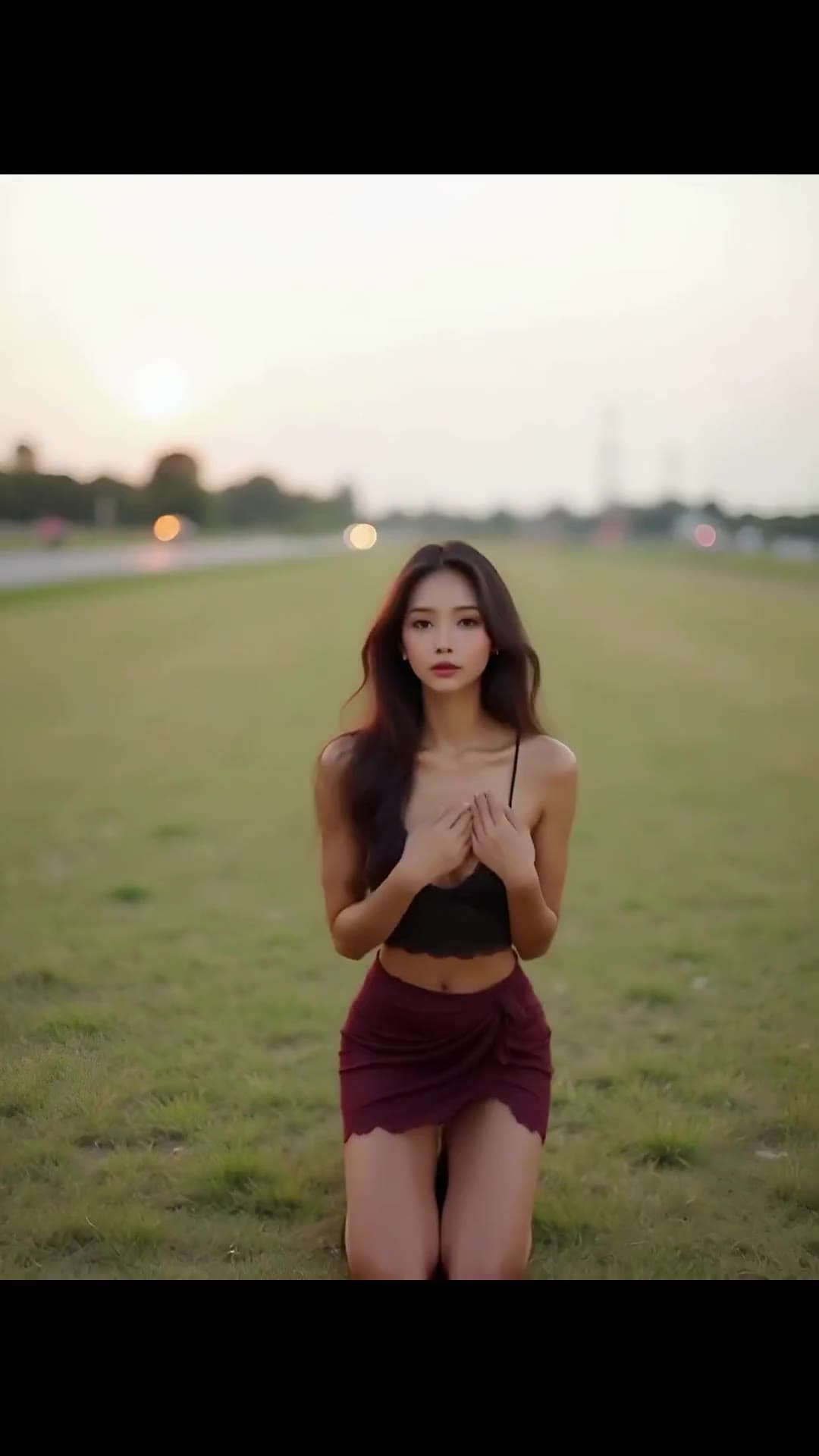 Asian brunette in lace top on grass at sunset