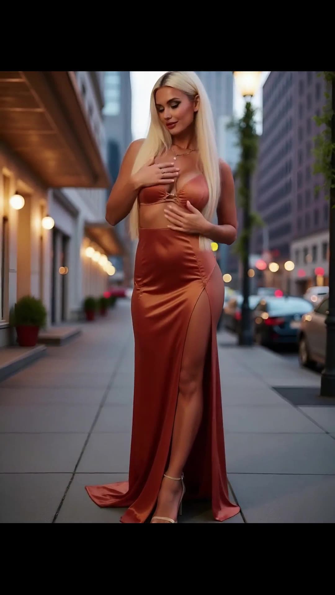 Curvy blonde in satin pushes big tits on sidewalk
