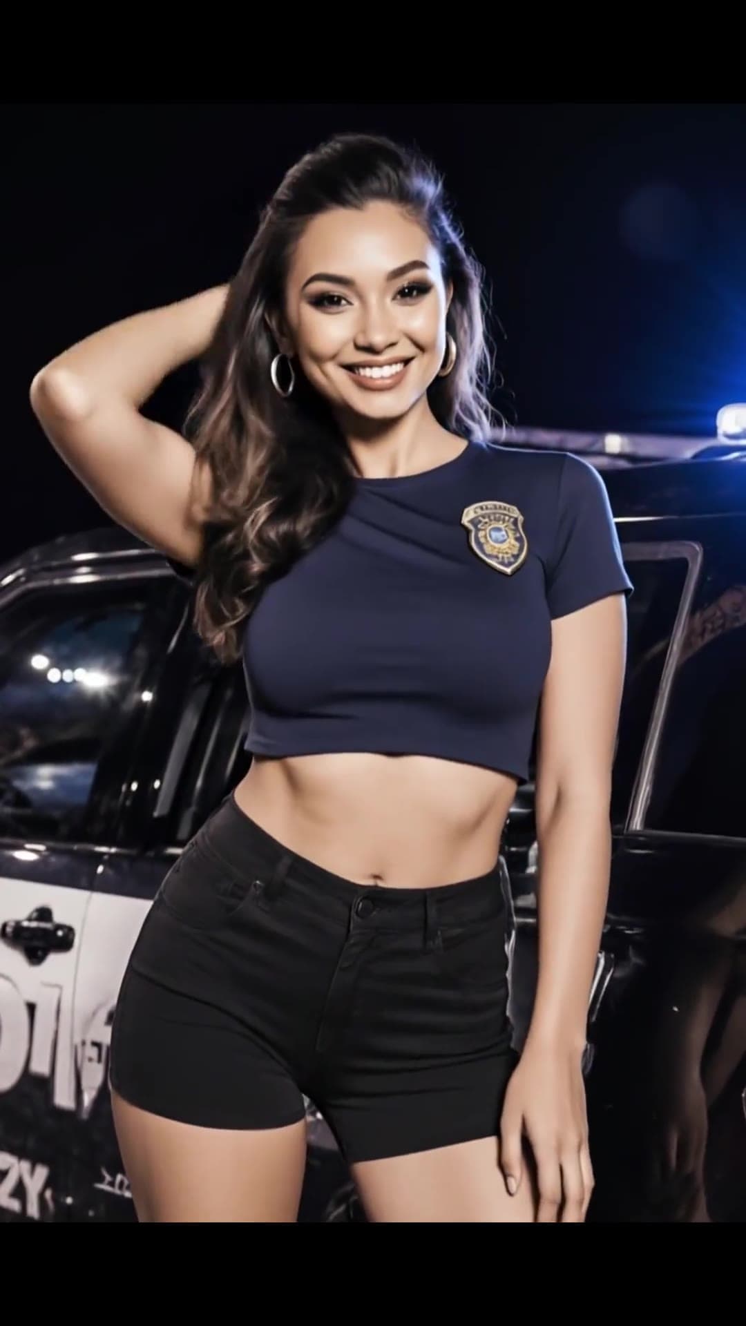 College age brunette cop outfit by police car