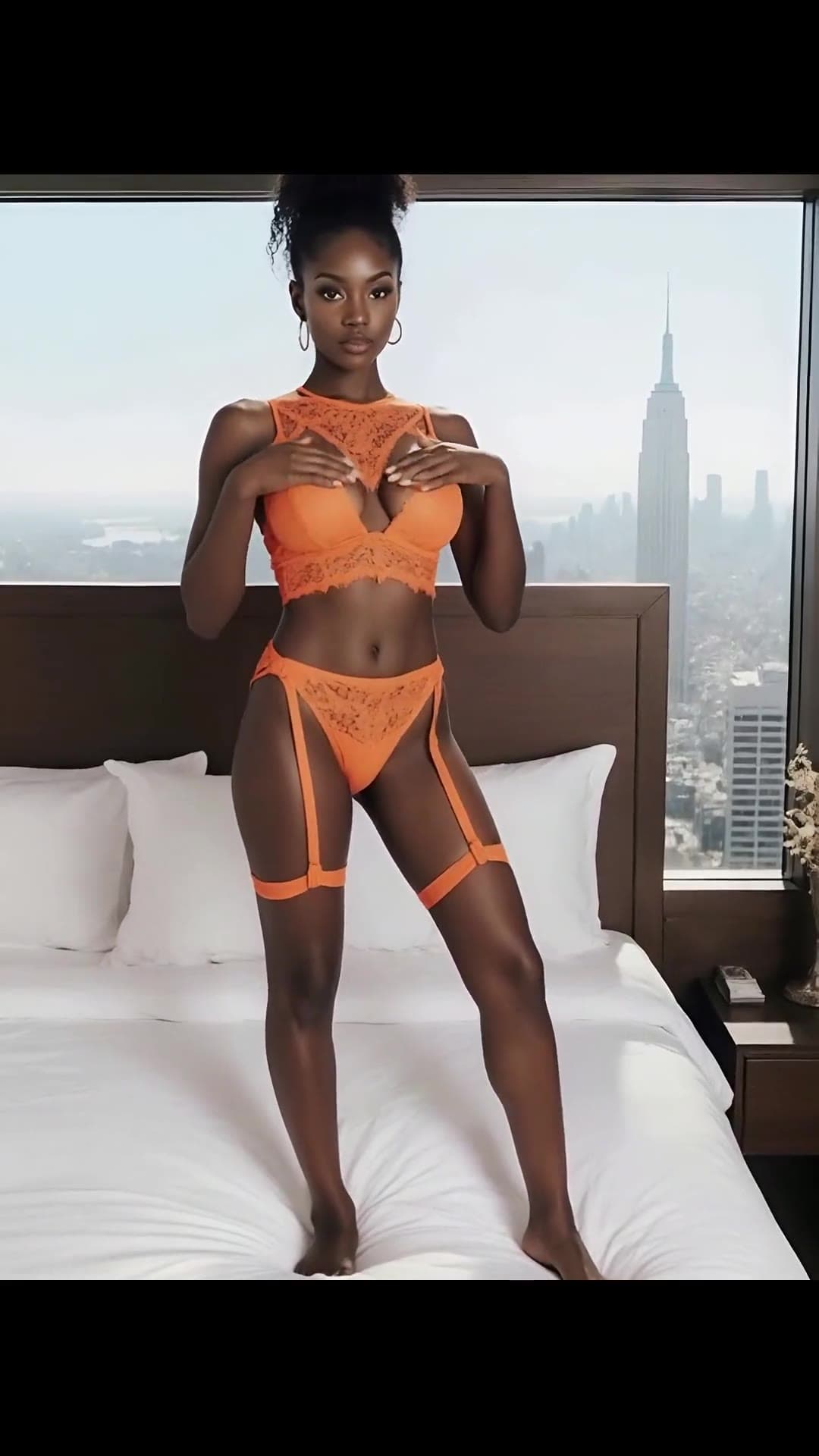 Curvy brunette in orange lace on bed near city window