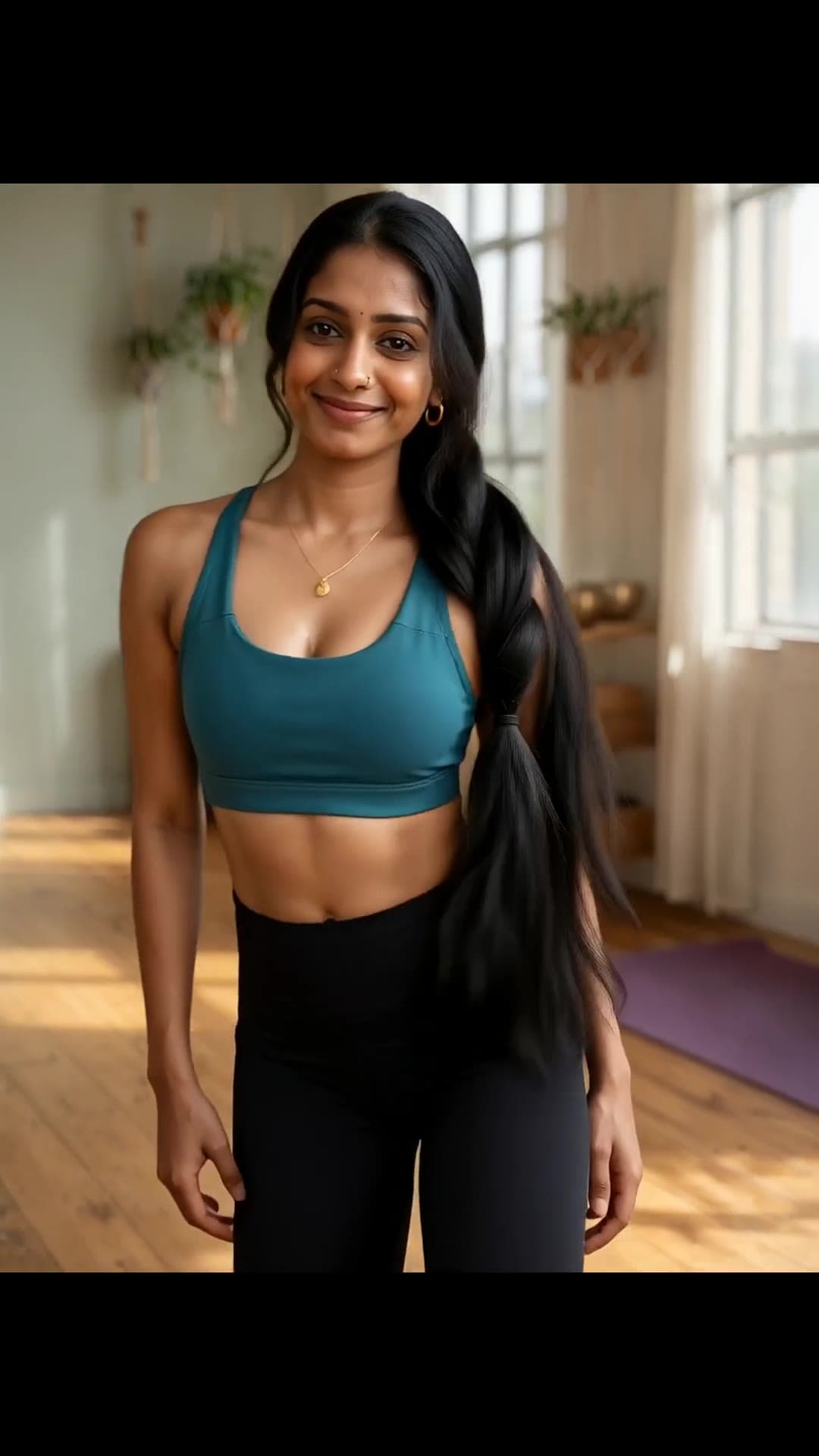 Young adult athletic brunette in yoga studio