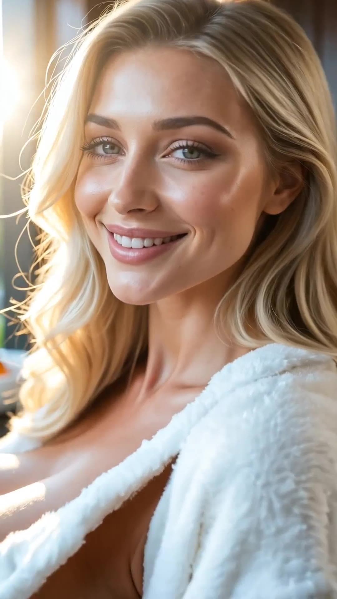 Robe open on balcony, big natural tits in sunlight