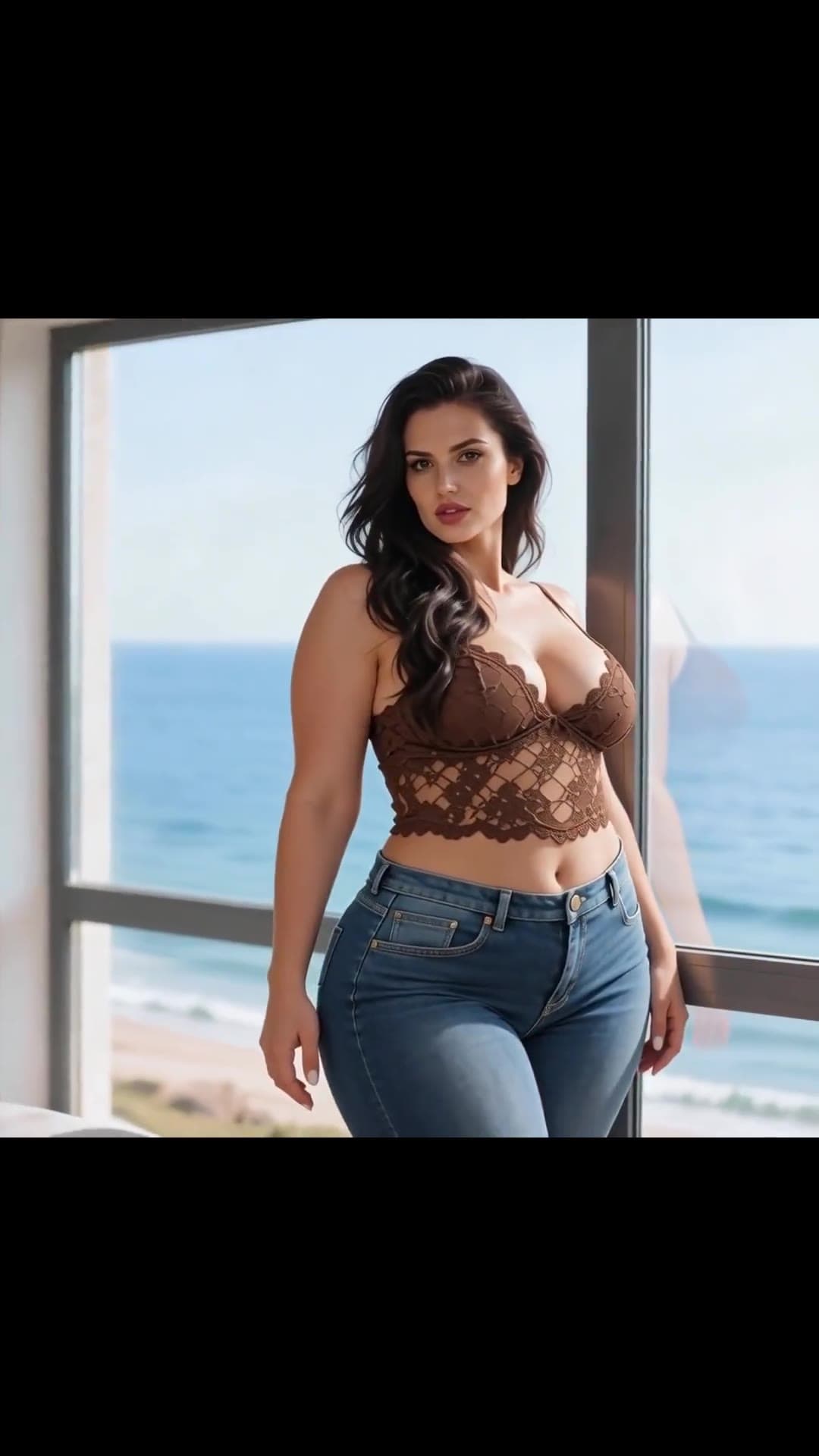 Long wavy brunette blue eyes sheer lace top