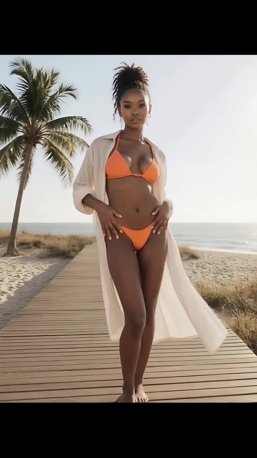 Athletic brunette in orange bikini at sunny beach boardwalk