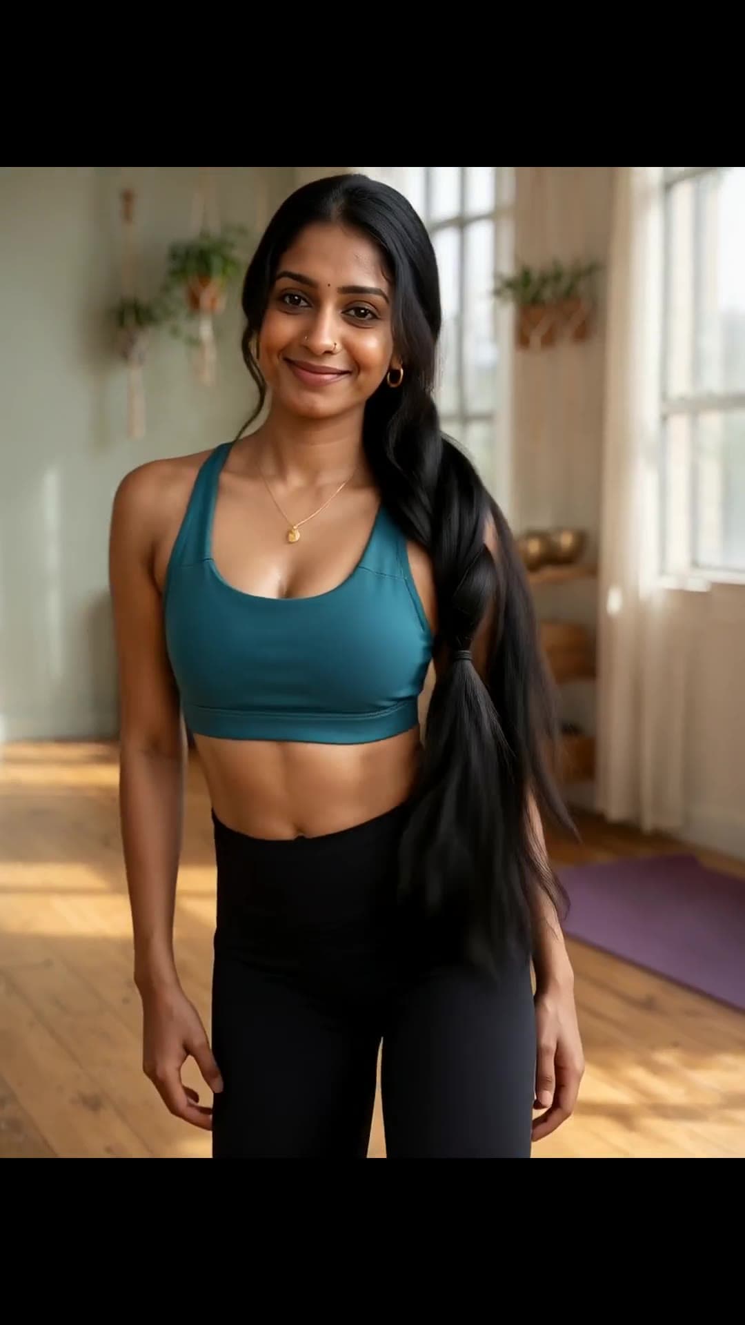 Hazel eyed athletic brunette in teal sports bra studio