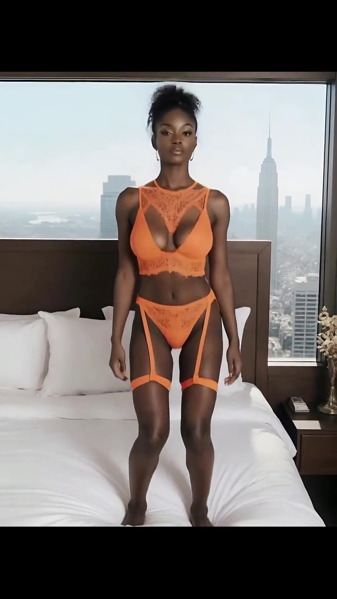 Orange lace lingerie curvy babe high-rise bedroom