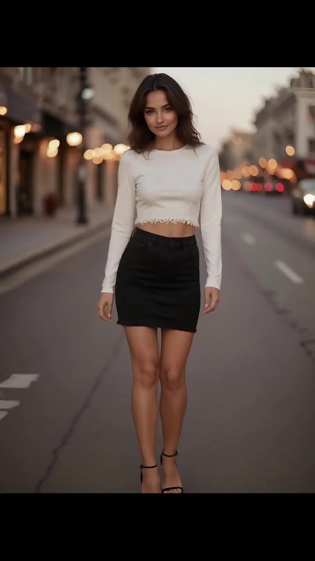 Curvy brunette in crop top and mini skirt on city street