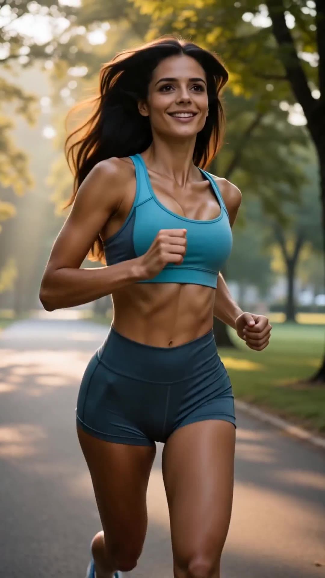 Brunette fitness babe running in teal sports bra